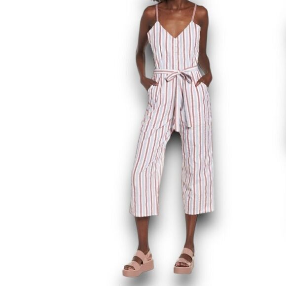 BP. Wide Leg Cropped Palazzo Pant Jumpsuit Striped Side Zip Tie Waist Women’s L - Picture 2 of 13